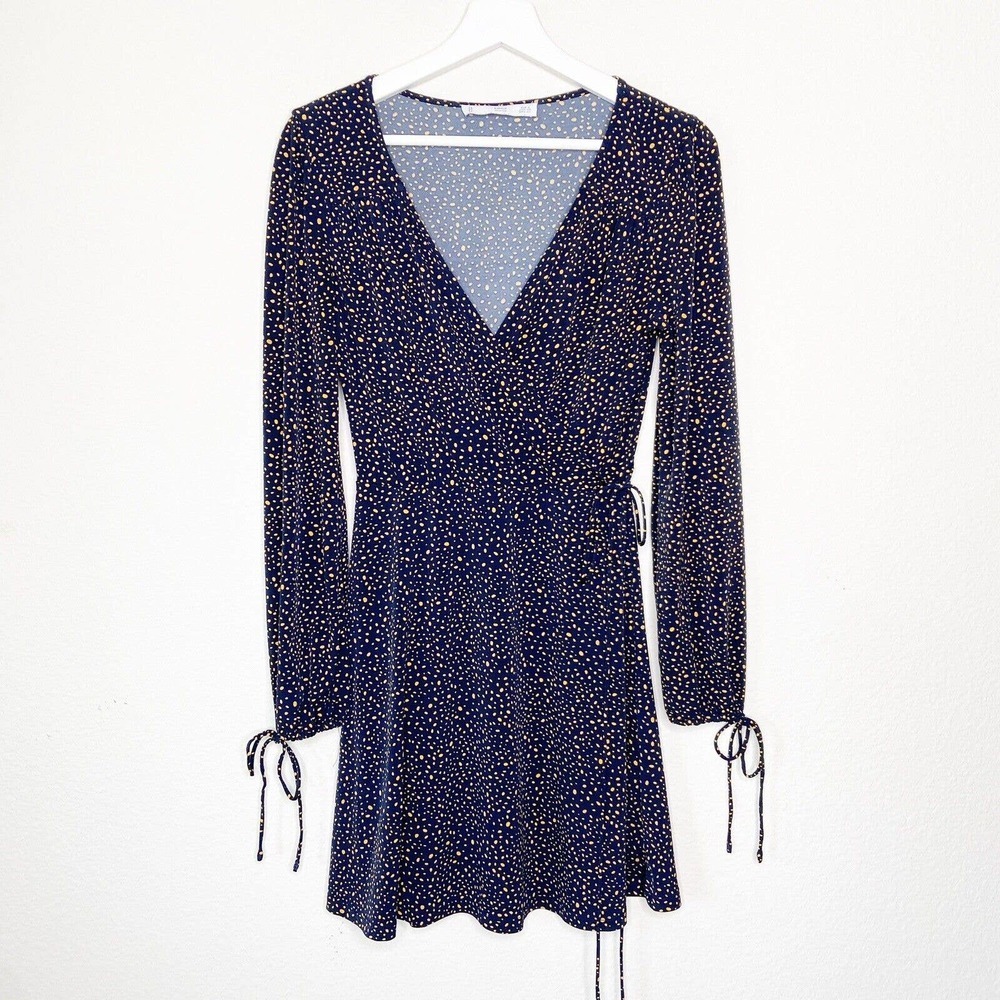 Mng Mango Navy Yellow Spotted Faux Wrap Long Sleeve Tie Cuff Dress XS